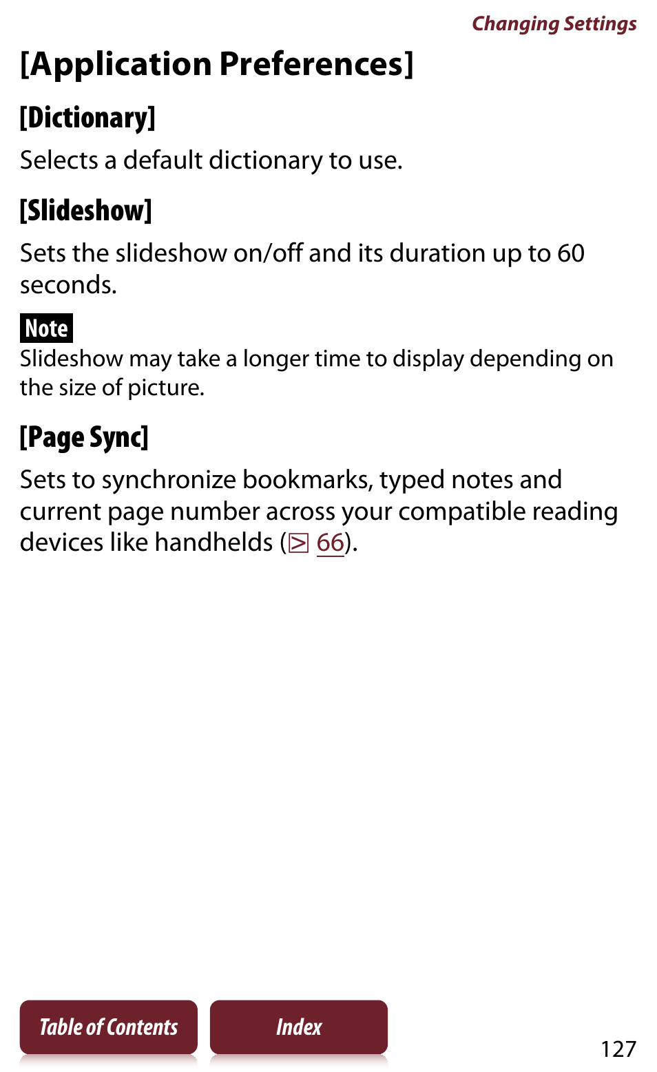 Application preferences, Dictionary, Slideshow | Page sync | Sony Reader PRS-950 User Manual | Page 127 / 180