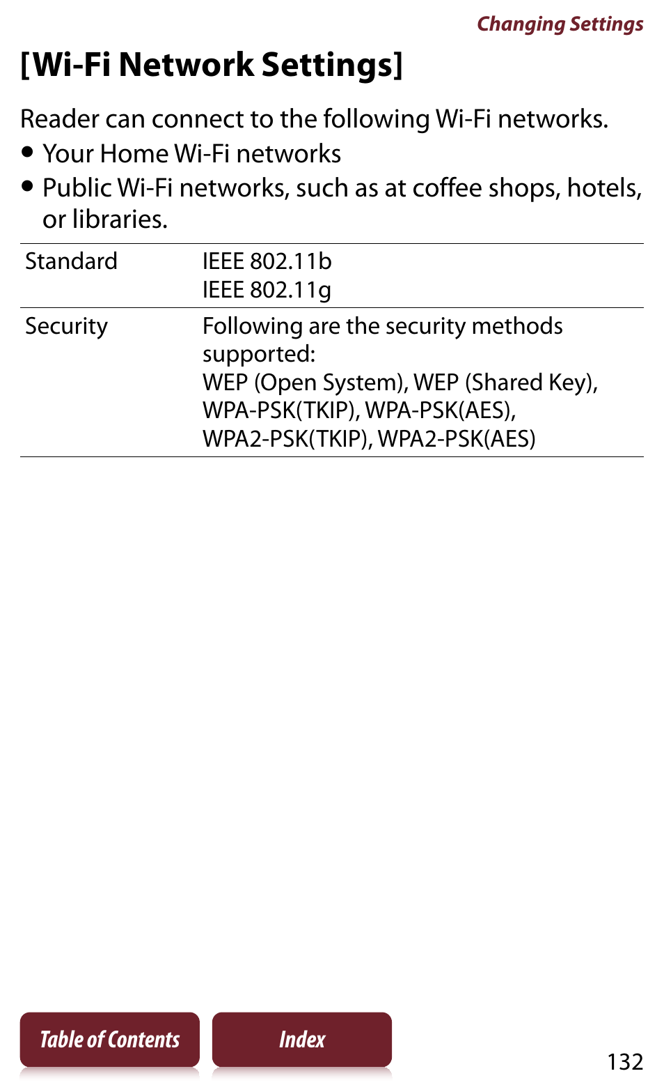 Wi-fi network settings | Sony Reader PRS-950 User Manual | Page 132 / 180