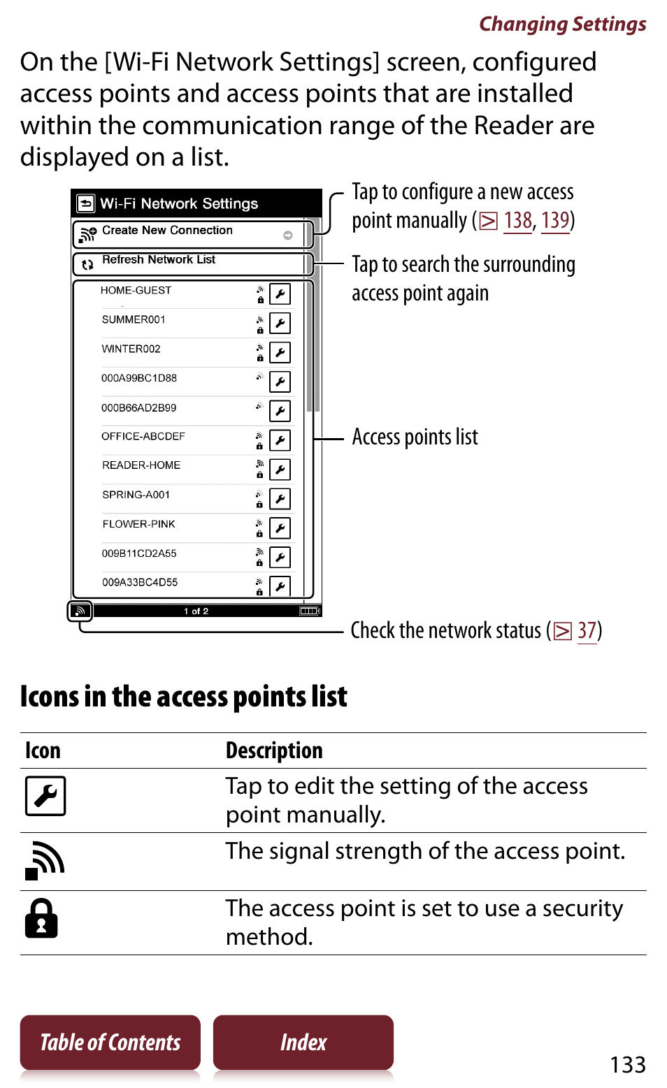 Icons in the access points list | Sony Reader PRS-950 User Manual | Page 133 / 180