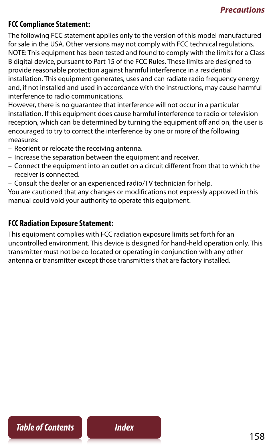 158 table of contents index, Precautions, Fcc compliance statement | Fcc radiation exposure statement | Sony Reader PRS-950 User Manual | Page 158 / 180