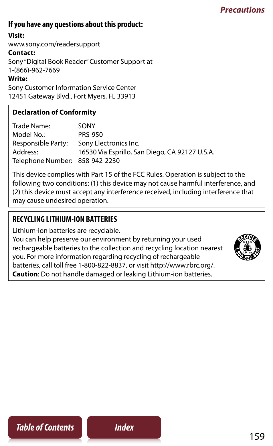 159 table of contents index, Precautions, If you have any questions about this product | Recycling lithium-ion batteries | Sony Reader PRS-950 User Manual | Page 159 / 180