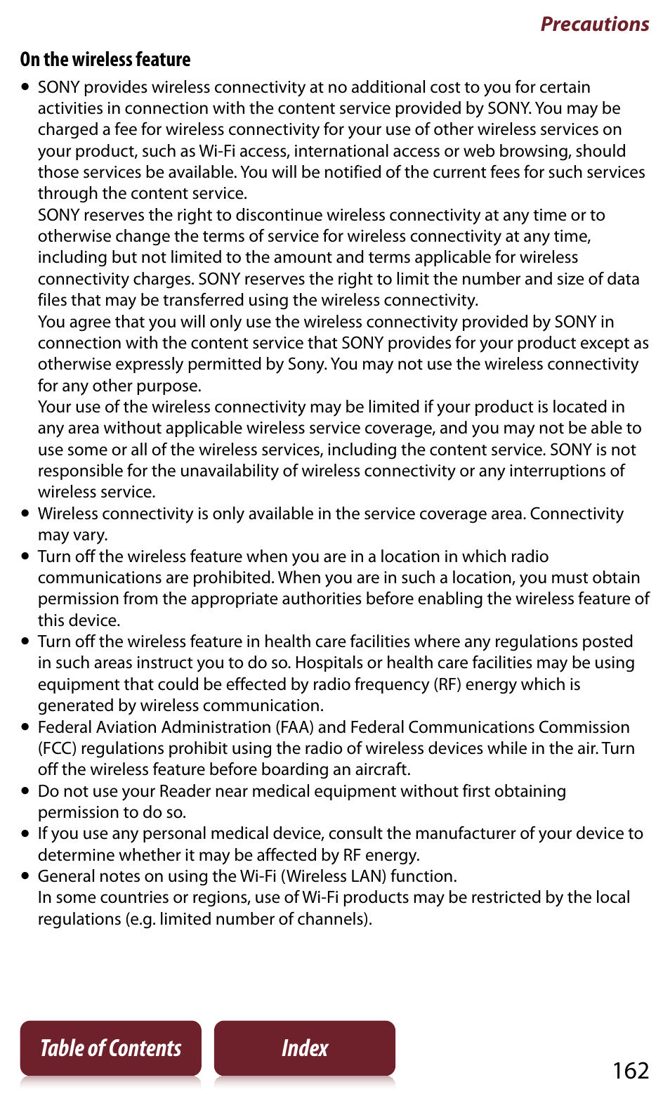 162 table of contents index, Precautions, On the wireless feature | Sony Reader PRS-950 User Manual | Page 162 / 180