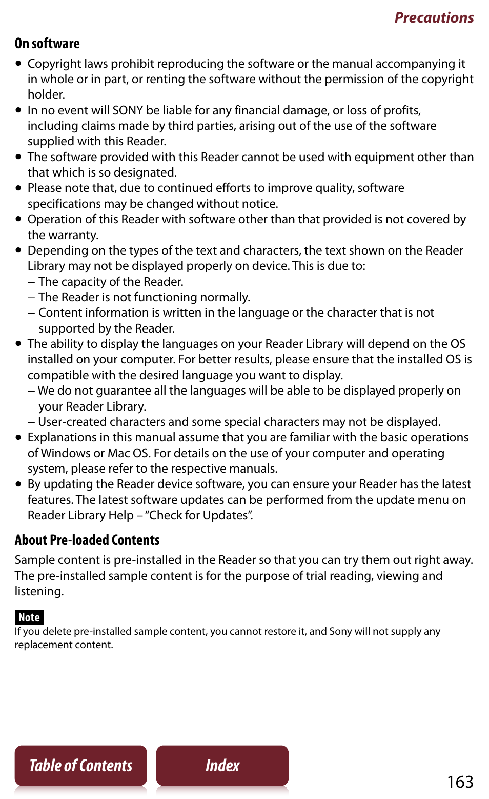 163 table of contents index, Precautions, On software | About pre-loaded contents | Sony Reader PRS-950 User Manual | Page 163 / 180