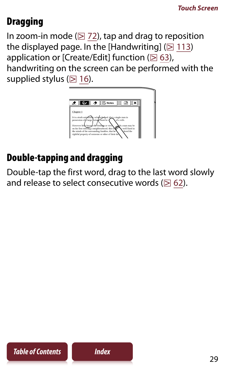 Dragging, Double-tapping and dragging | Sony Reader PRS-950 User Manual | Page 29 / 180