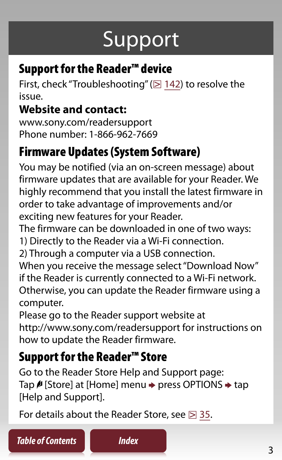 Support, Support for the reader™ device, Firmware updates (system software) | Support for the reader™ store | Sony Reader PRS-950 User Manual | Page 3 / 180