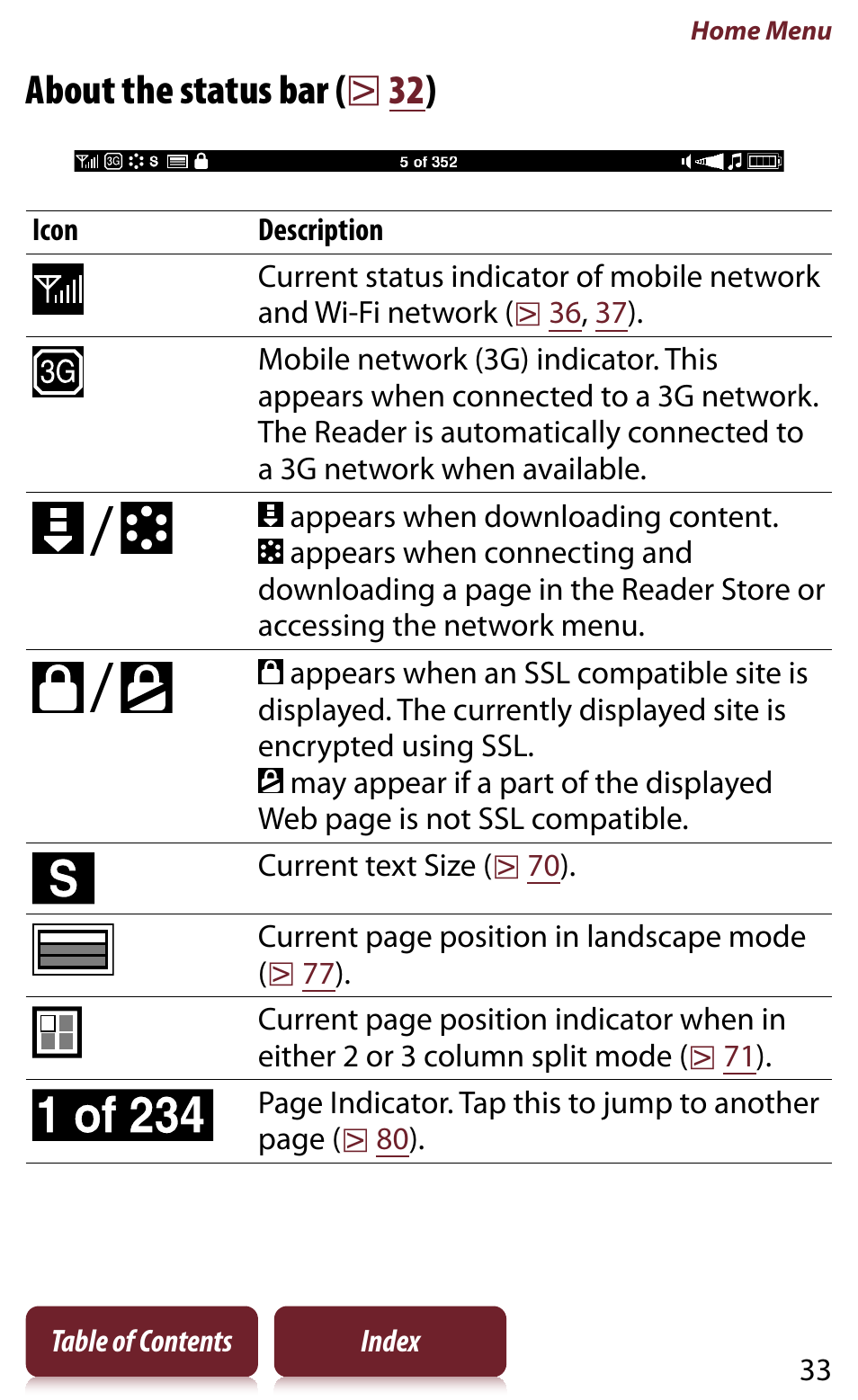 Tus bar, About the status bar (  32 ) | Sony Reader PRS-950 User Manual | Page 33 / 180