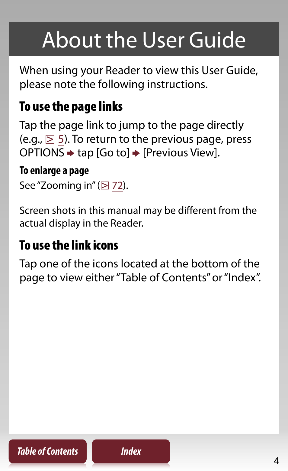 About the user guide | Sony Reader PRS-950 User Manual | Page 4 / 180