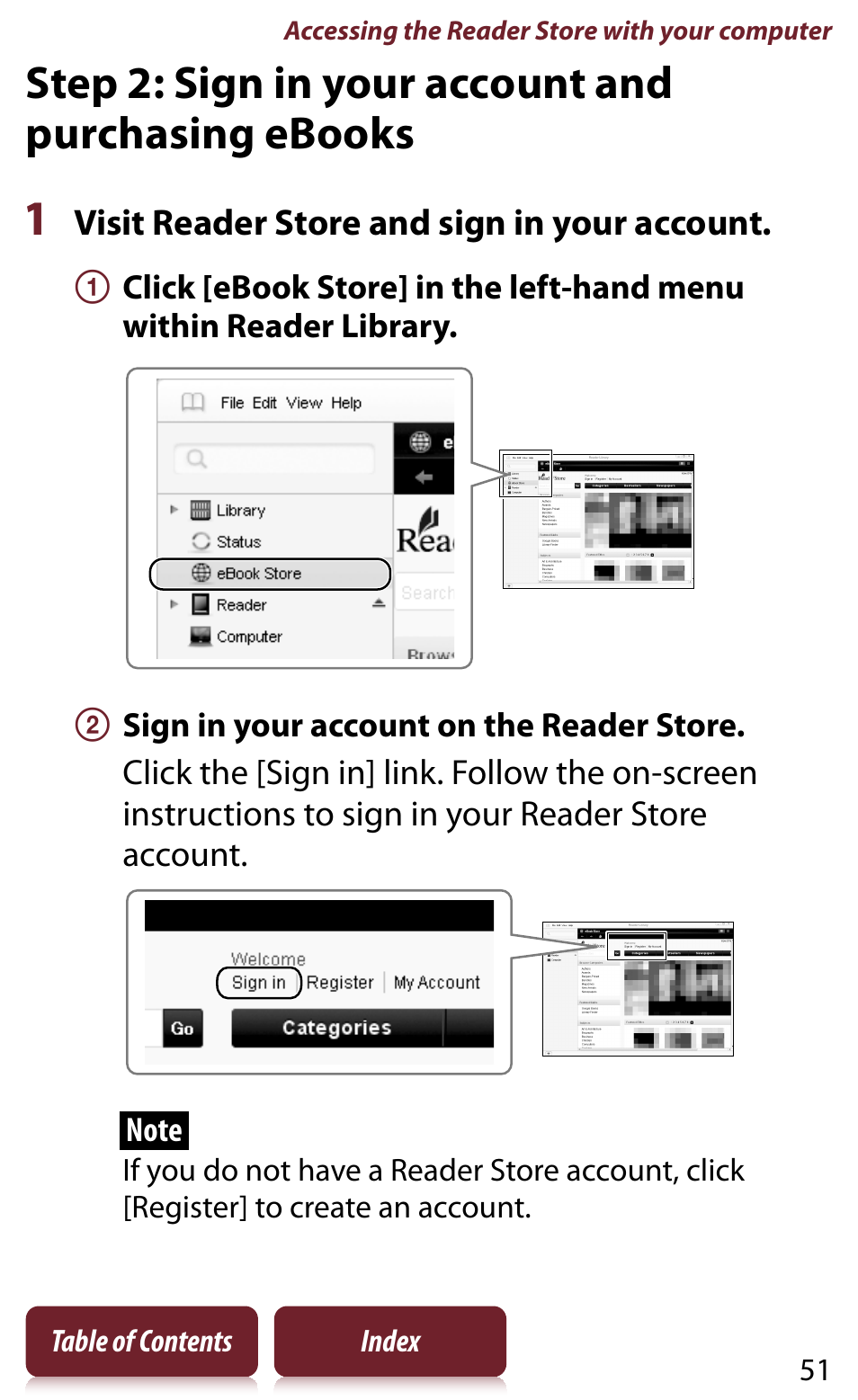 Step 2: sign in your account and purchasing ebooks, Step 2: sign in your account and, Purchasing ebooks | Sony Reader PRS-950 User Manual | Page 51 / 180