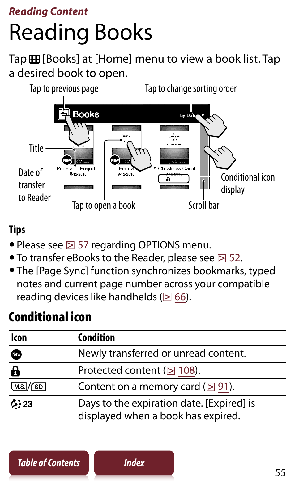 Reading content, Reading books, O list book(s) | Conditional icon | Sony Reader PRS-950 User Manual | Page 55 / 180