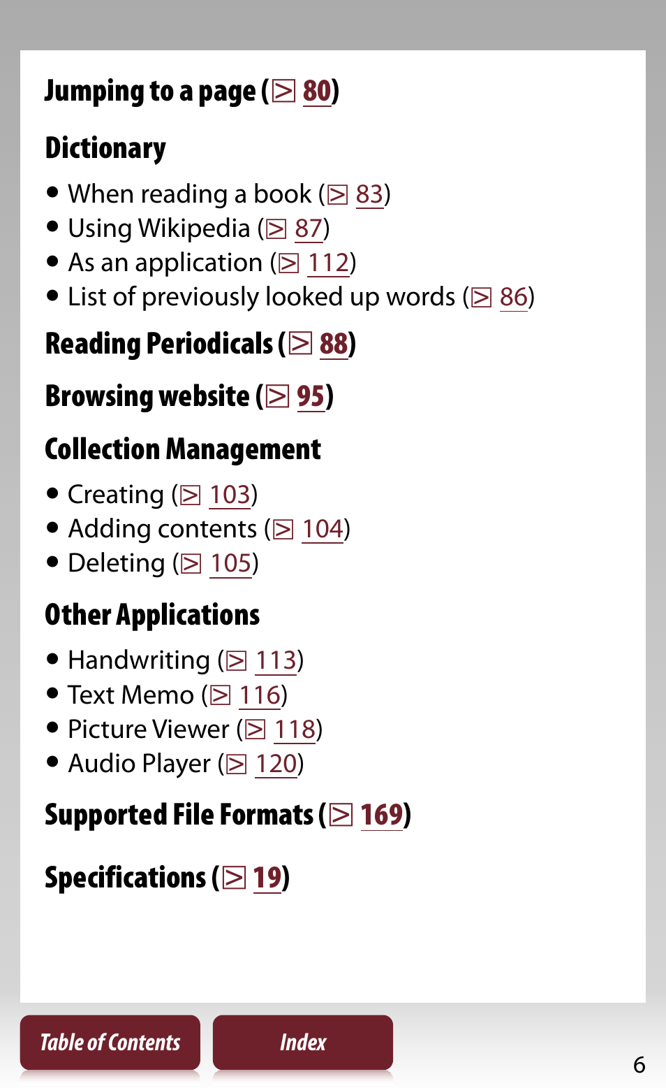 Jumping to a page (  80 ) dictionary, Other applications | Sony Reader PRS-950 User Manual | Page 6 / 180