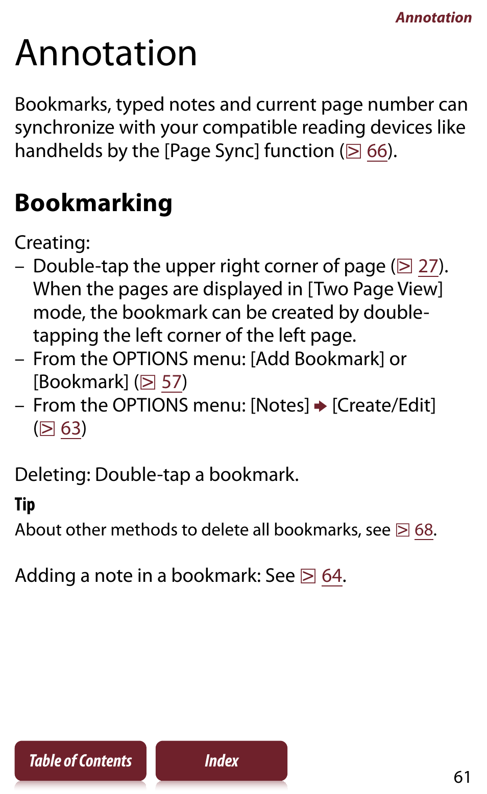 Annotation, Bookmarking | Sony Reader PRS-950 User Manual | Page 61 / 180