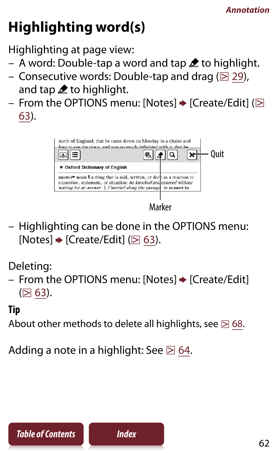 Highlighting word(s), D(s) | Sony Reader PRS-950 User Manual | Page 62 / 180