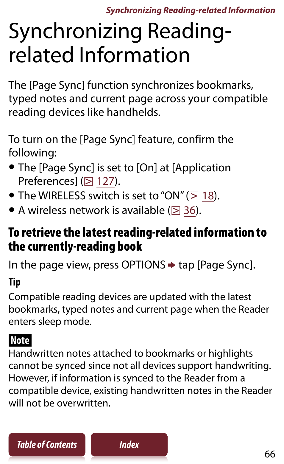 Synchronizing reading-related information, Es like handhelds, Tion | Synchronizing reading- related information | Sony Reader PRS-950 User Manual | Page 66 / 180