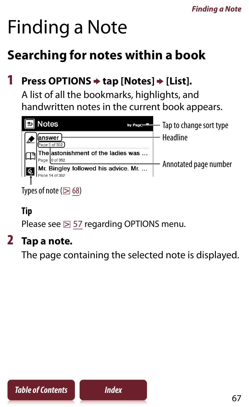 Finding a note, Searching for notes within a book, Es within a book | Among | Sony Reader PRS-950 User Manual | Page 67 / 180