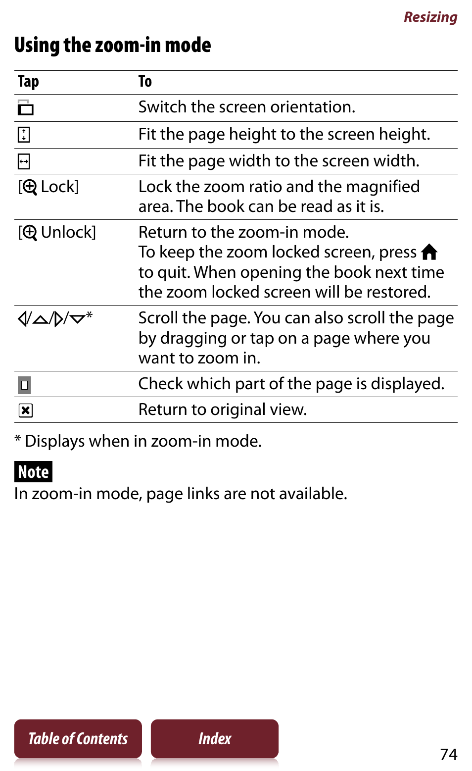 Using the zoom-in mode | Sony Reader PRS-950 User Manual | Page 74 / 180