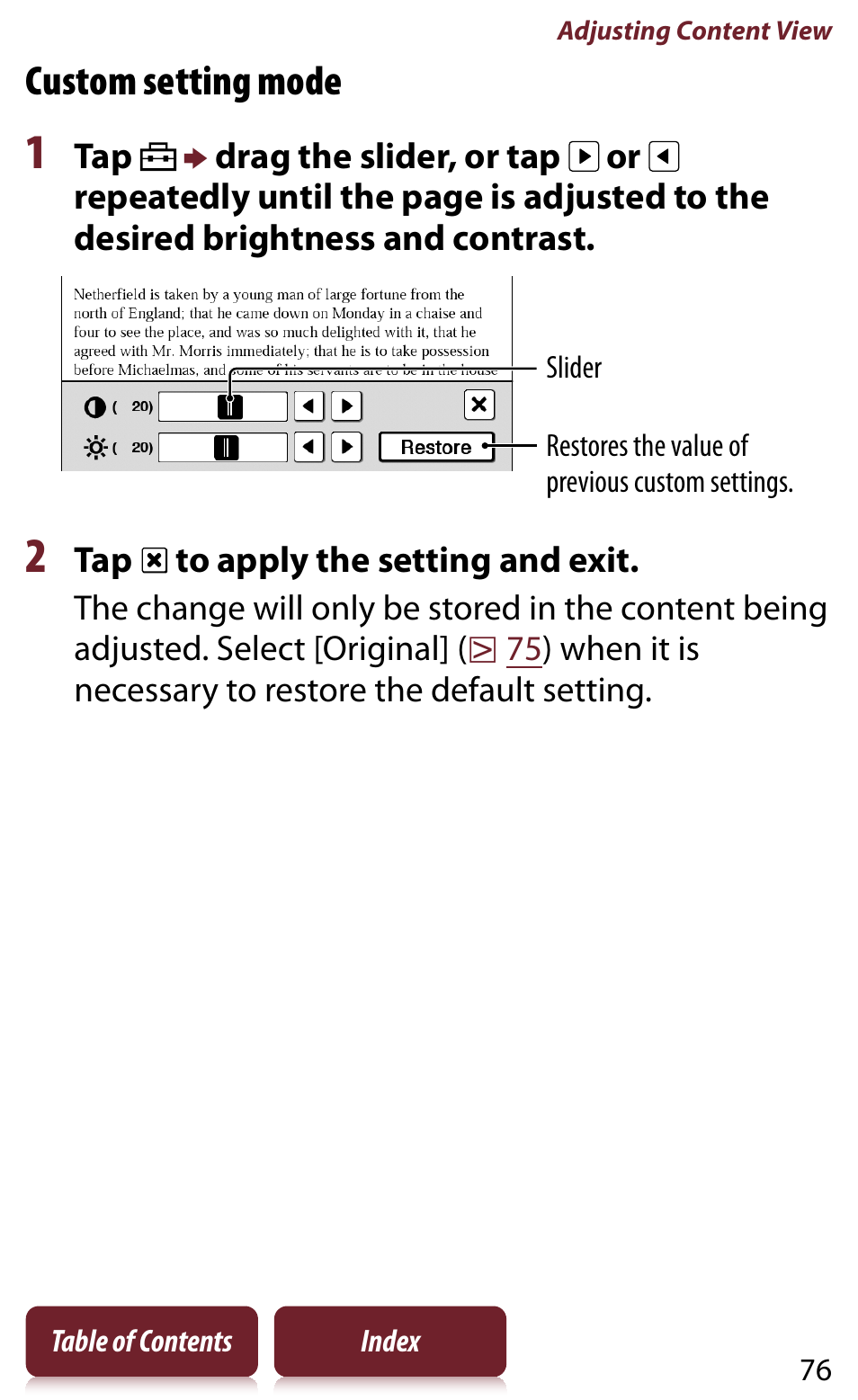 Om setting mode, Custom setting mode | Sony Reader PRS-950 User Manual | Page 76 / 180