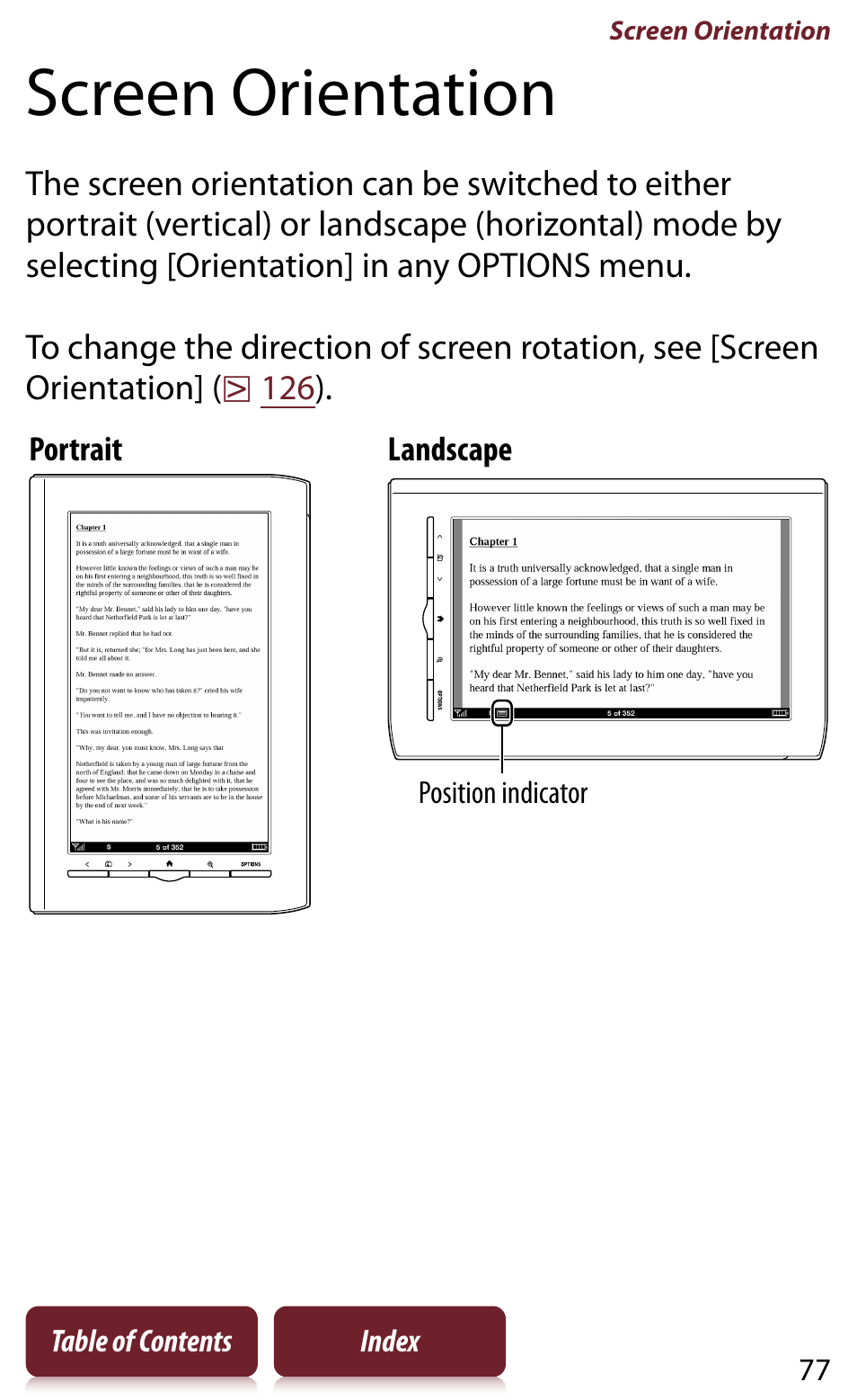 Screen orientation, Ait or landscape mode | Sony Reader PRS-950 User Manual | Page 77 / 180