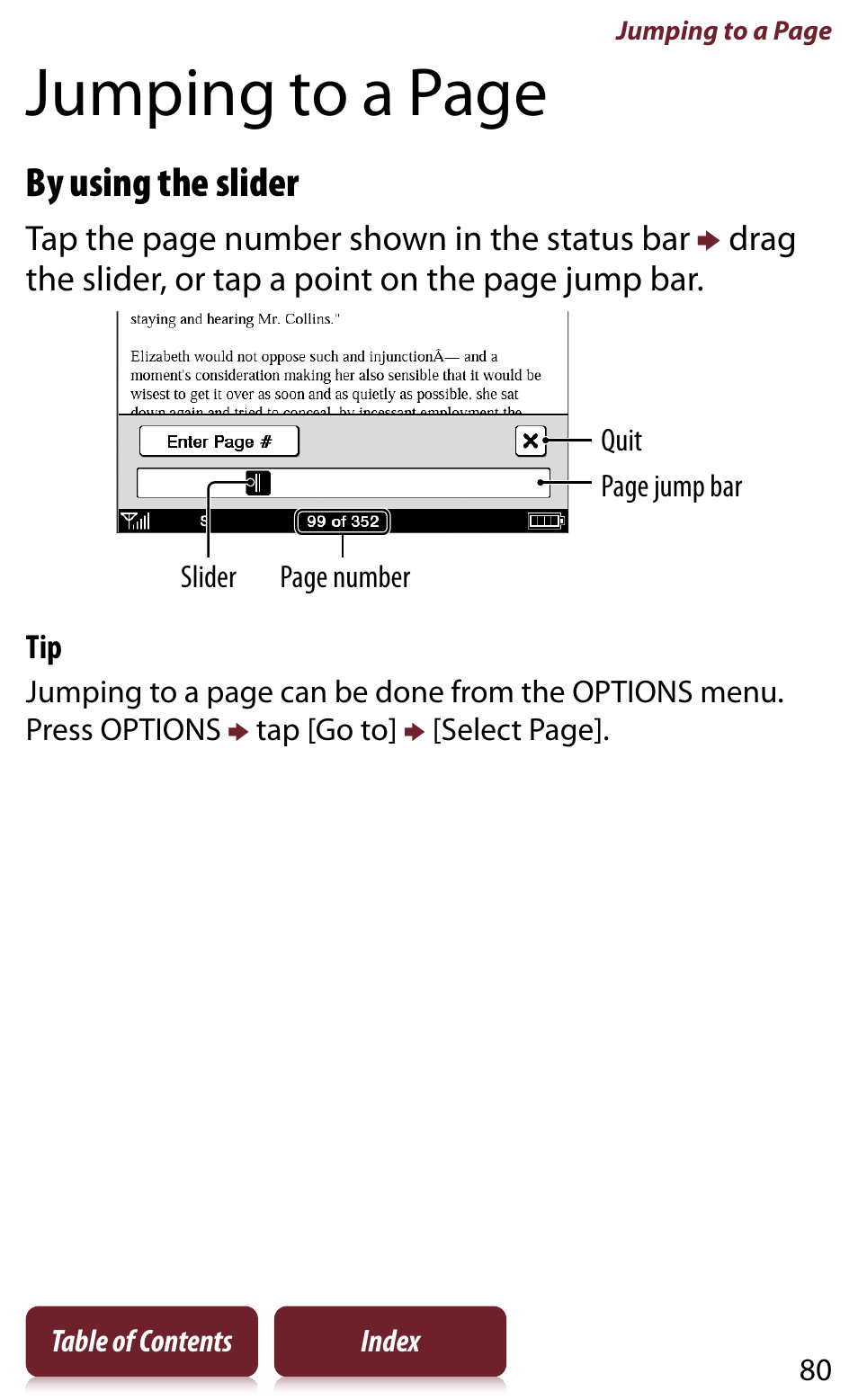 Jumping to a page, By using the slider | Sony Reader PRS-950 User Manual | Page 80 / 180