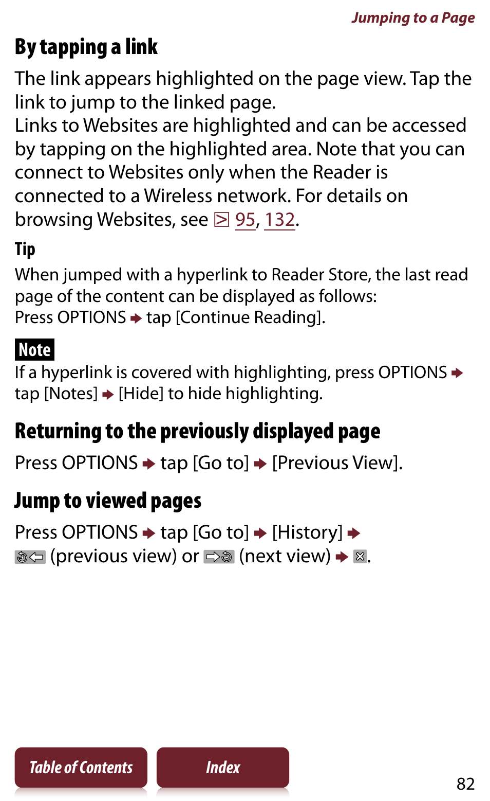 By tapping a link, Returning to the previously displayed page, Jump to viewed pages | Sony Reader PRS-950 User Manual | Page 82 / 180