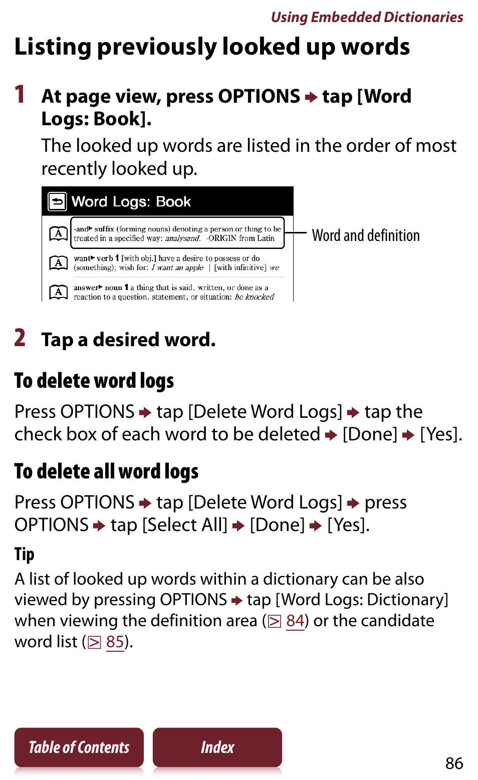 Listing previously looked up words, Ches | Sony Reader PRS-950 User Manual | Page 86 / 180