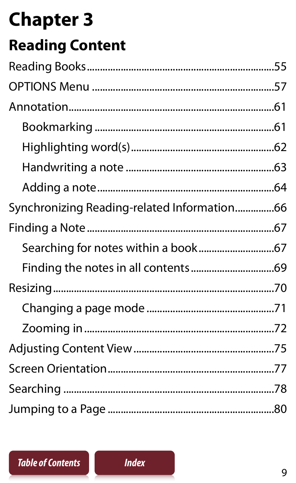 Chapter 3, Reading content | Sony Reader PRS-950 User Manual | Page 9 / 180