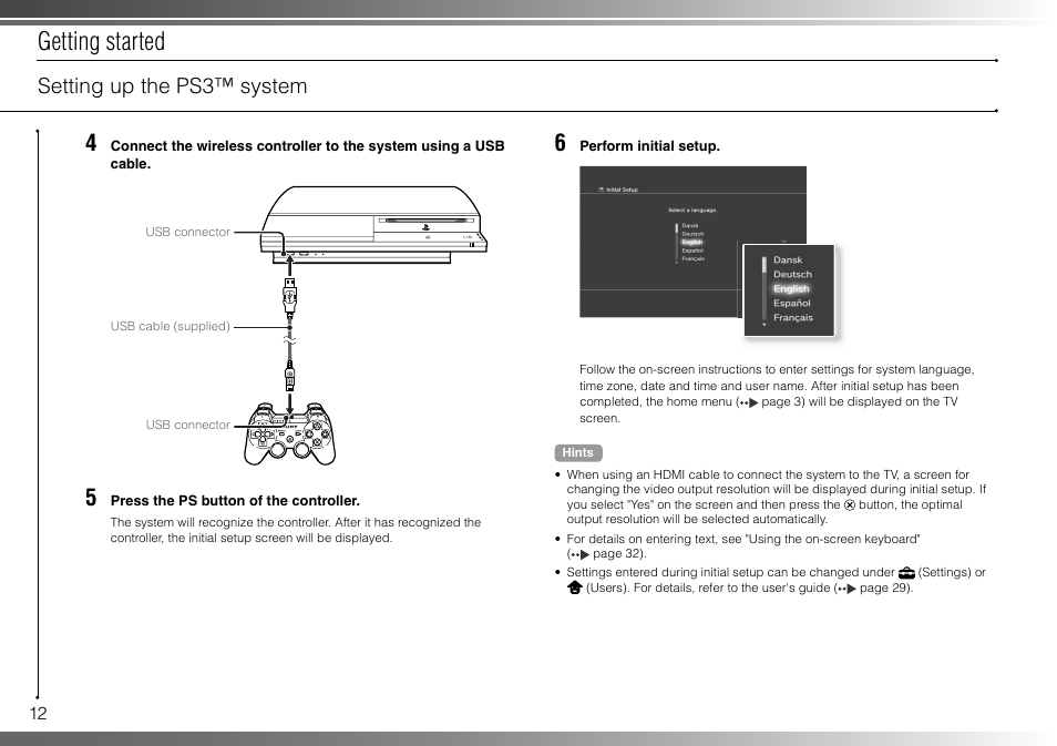 Getting started, Setting up the ps3™ system | Sony 40GB Playstation 3 CECHH01-1.90 User Manual | Page 12 / 100