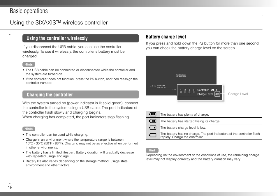 Basic operations, Using the sixaxis™ wireless controller, Using the controller wirelessly | Charging the controller, Battery charge level | Sony 40GB Playstation 3 CECHH01-1.90 User Manual | Page 18 / 100