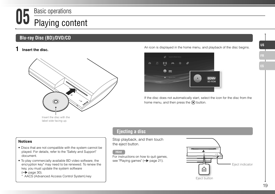 Playing content, Basic operations | Sony 40GB Playstation 3 CECHH01-1.90 User Manual | Page 19 / 100