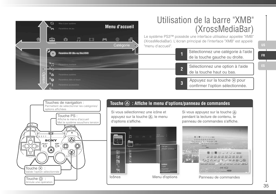 Utilisation de la barre "xmb" (xrossmediabar) | Sony 40GB Playstation 3 CECHH01-1.90 User Manual | Page 35 / 100