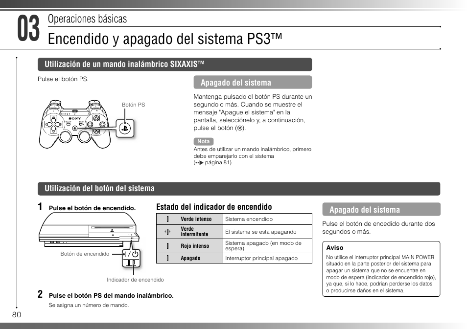 Encendido y apagado del sistema ps3, Operaciones básicas | Sony 40GB Playstation 3 CECHH01-1.90 User Manual | Page 80 / 100