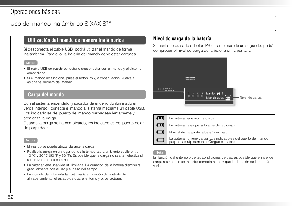 Operaciones básicas, Uso del mando inalámbrico sixaxis, 82 utilización del mando de manera inalámbrica | Carga del mando, Nivel de carga de la batería | Sony 40GB Playstation 3 CECHH01-1.90 User Manual | Page 82 / 100