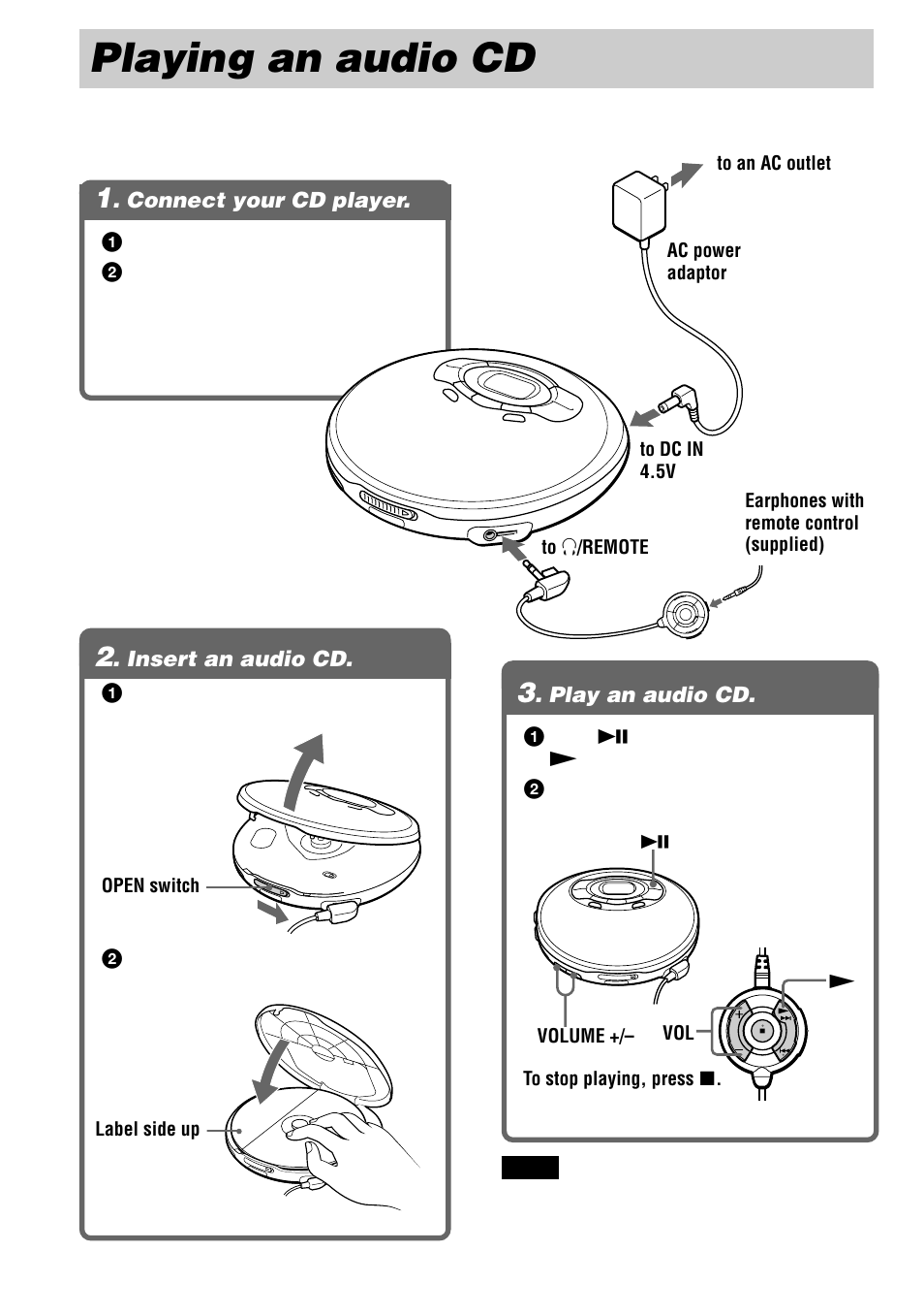 Playing an audio cd, Connect your cd player, Insert an audio cd | Play an audio cd | Sony D-VJ65 User Manual | Page 10 / 36