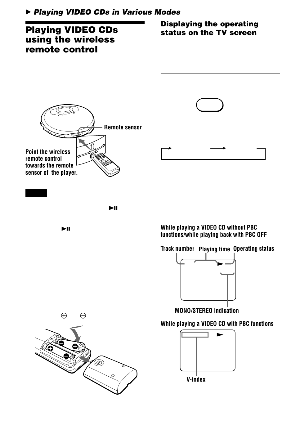 Playing video cds in various modes, Playing video cds using the wireless, Remote control | Displaying the operating status on the tv screen | Sony D-VJ65 User Manual | Page 12 / 36