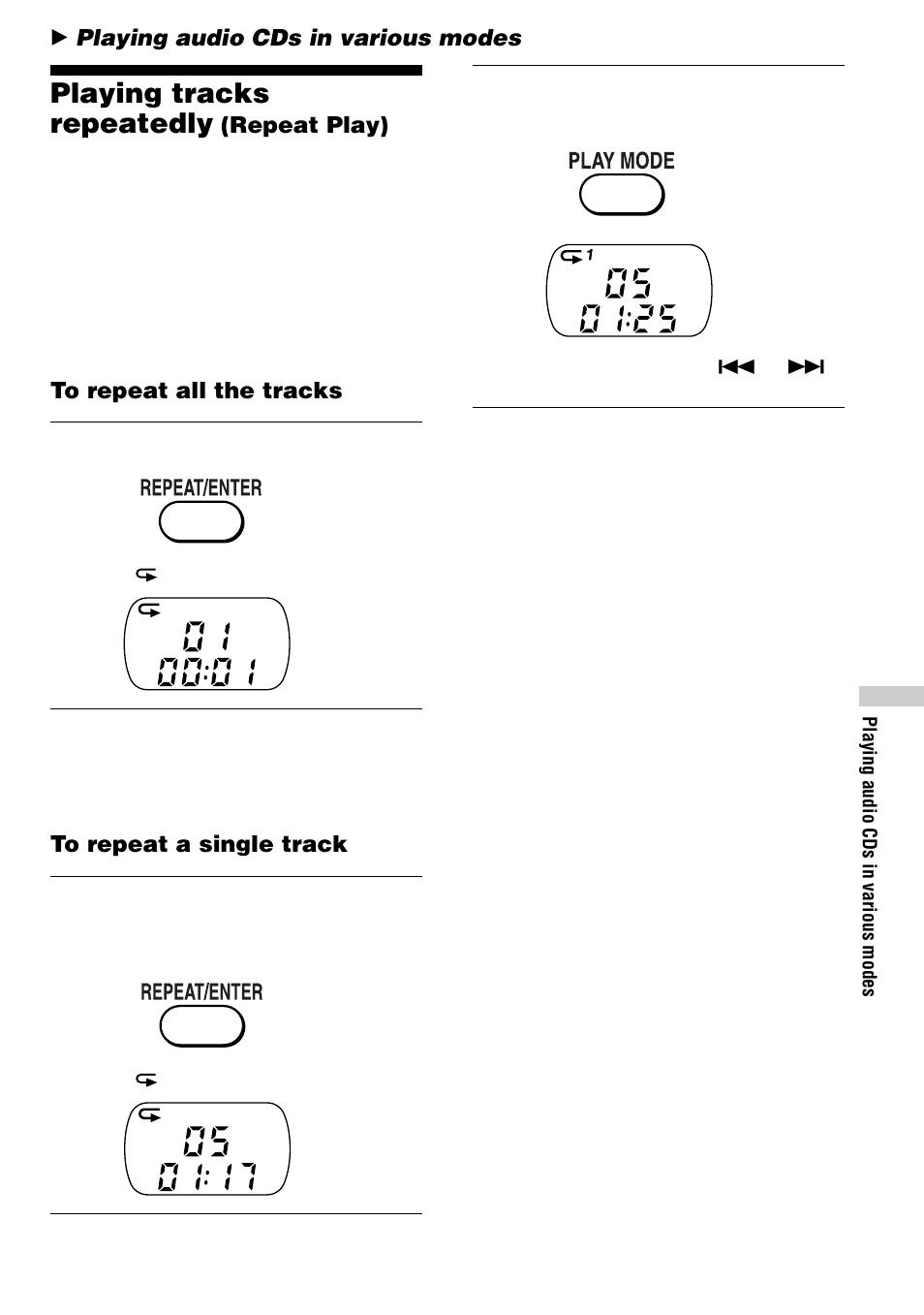 Playing audio cds in various modes, Playing tracks repeatedly (repeat play), Playing tracks repeatedly | Sony D-VJ65 User Manual | Page 21 / 36