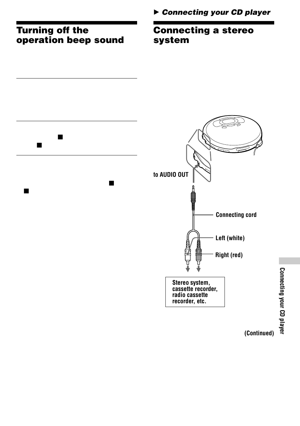 Turning off the operation beep sound, Connecting your cd player, Connecting a stereo system | 25 connecting a stereo system | Sony D-VJ65 User Manual | Page 25 / 36