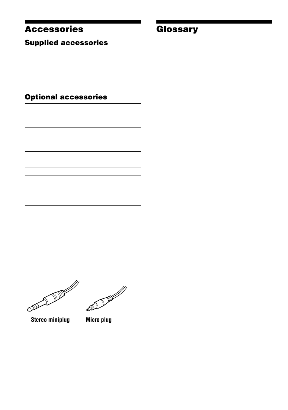 Accessories (supplied/optional), Glossary, 34 accessories | Sony D-VJ65 User Manual | Page 34 / 36