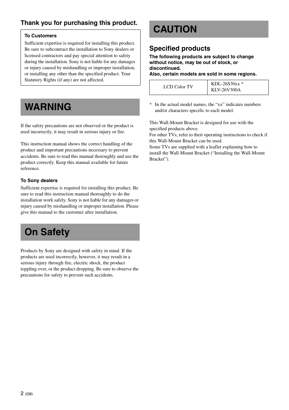 Warning, On safety, Caution | Warning on safety caution, Specified products | Sony SU-WL100  EU User Manual | Page 2 / 112