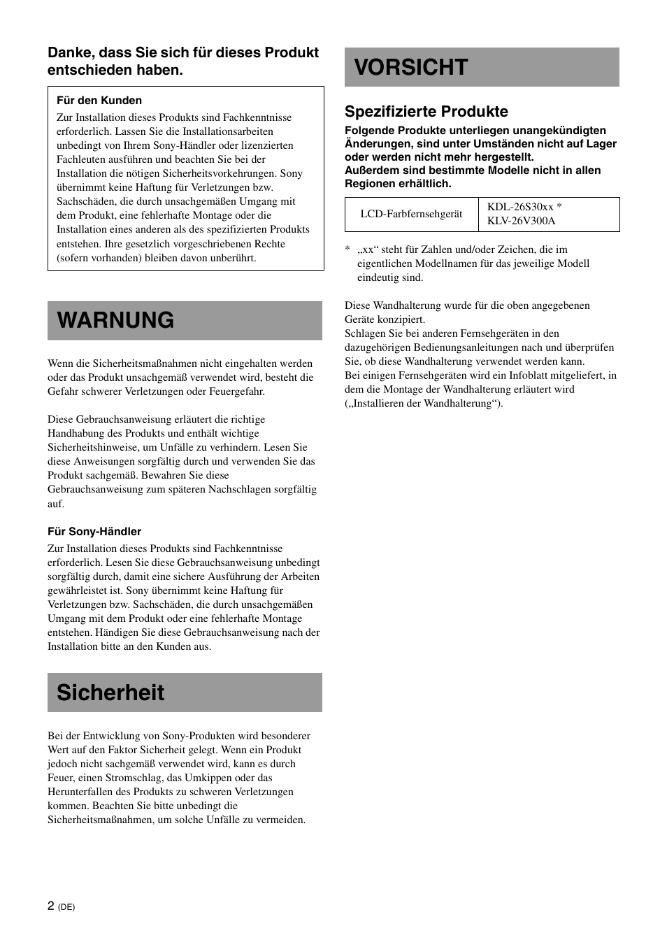 Warnung, Sicherheit, Vorsicht | Warnung sicherheit vorsicht, Spezifizierte produkte | Sony SU-WL100  EU User Manual | Page 38 / 112