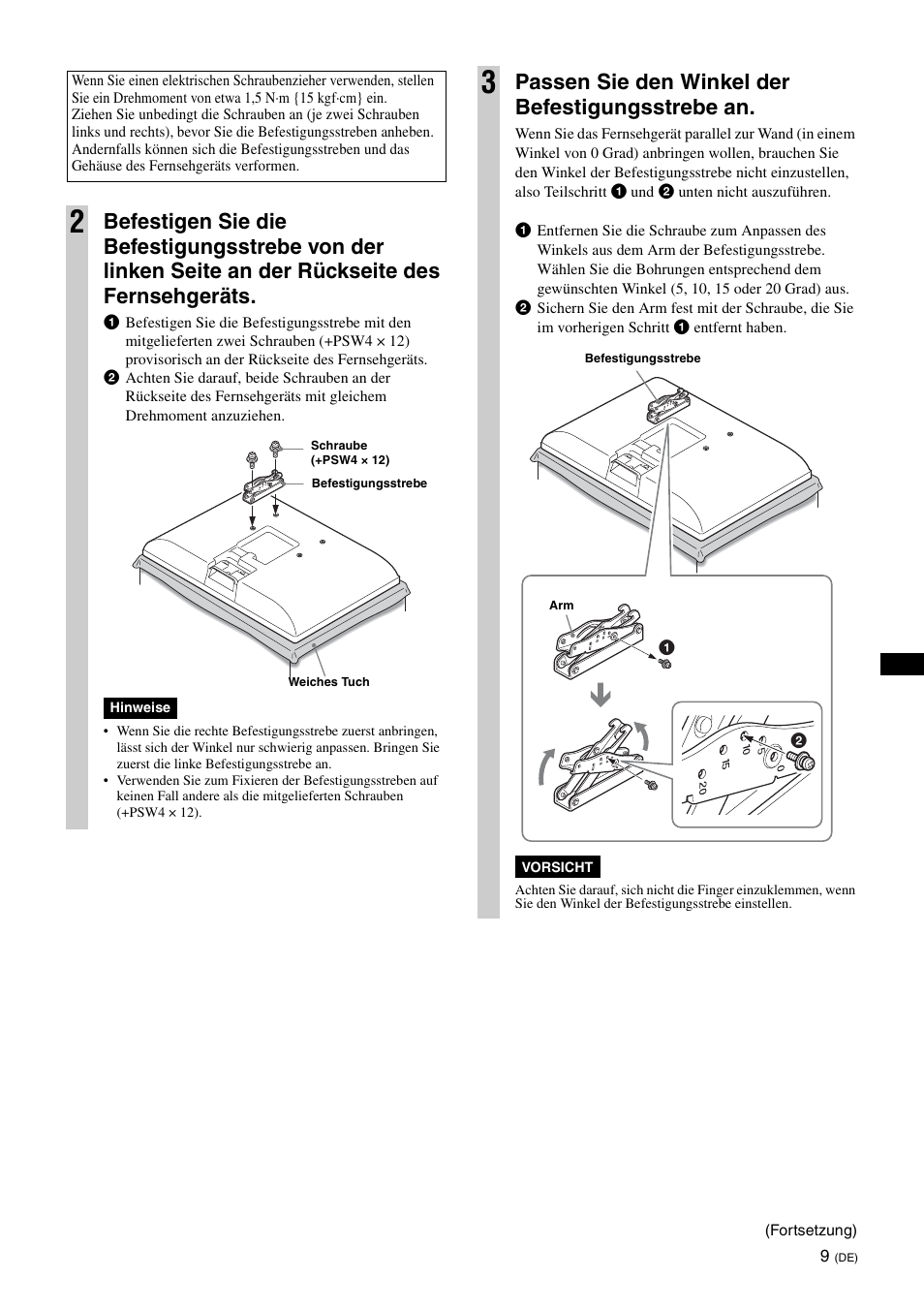 Passen sie den winkel der befestigungsstrebe an | Sony SU-WL100  EU User Manual | Page 45 / 112