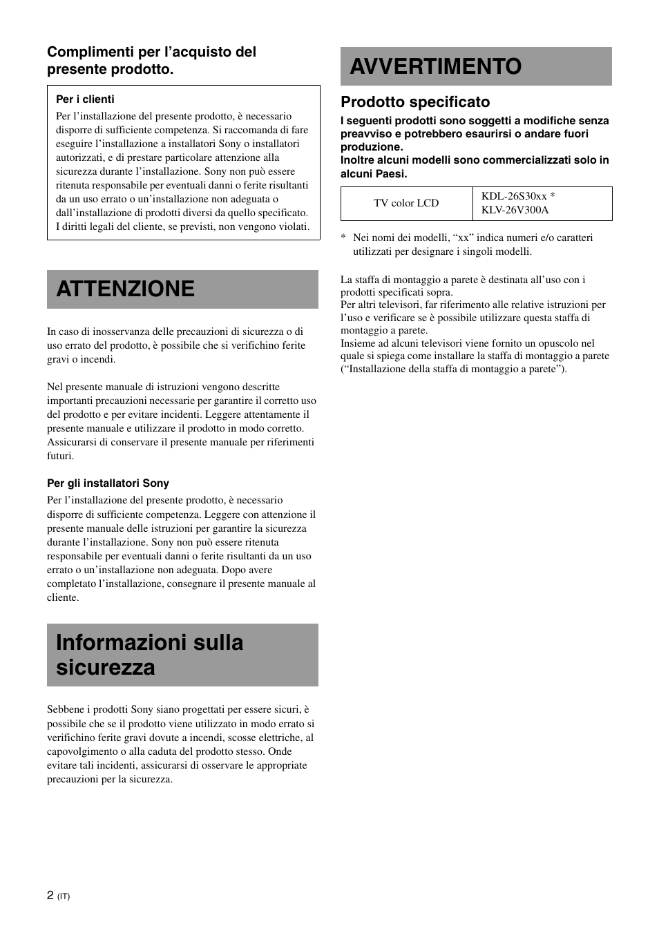 Attenzione, Informazioni sulla sicurezza, Avvertimento | Prodotto specificato | Sony SU-WL100  EU User Manual | Page 64 / 112