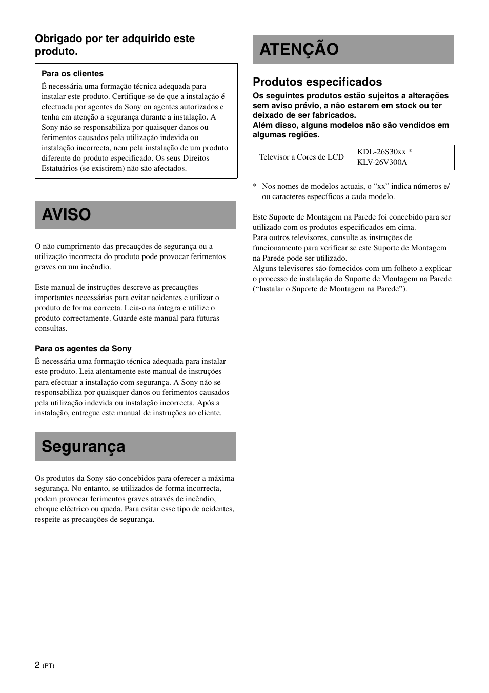 Aviso, Segurança, Atenção | Aviso segurança atenção, Produtos especificados | Sony SU-WL100  EU User Manual | Page 76 / 112