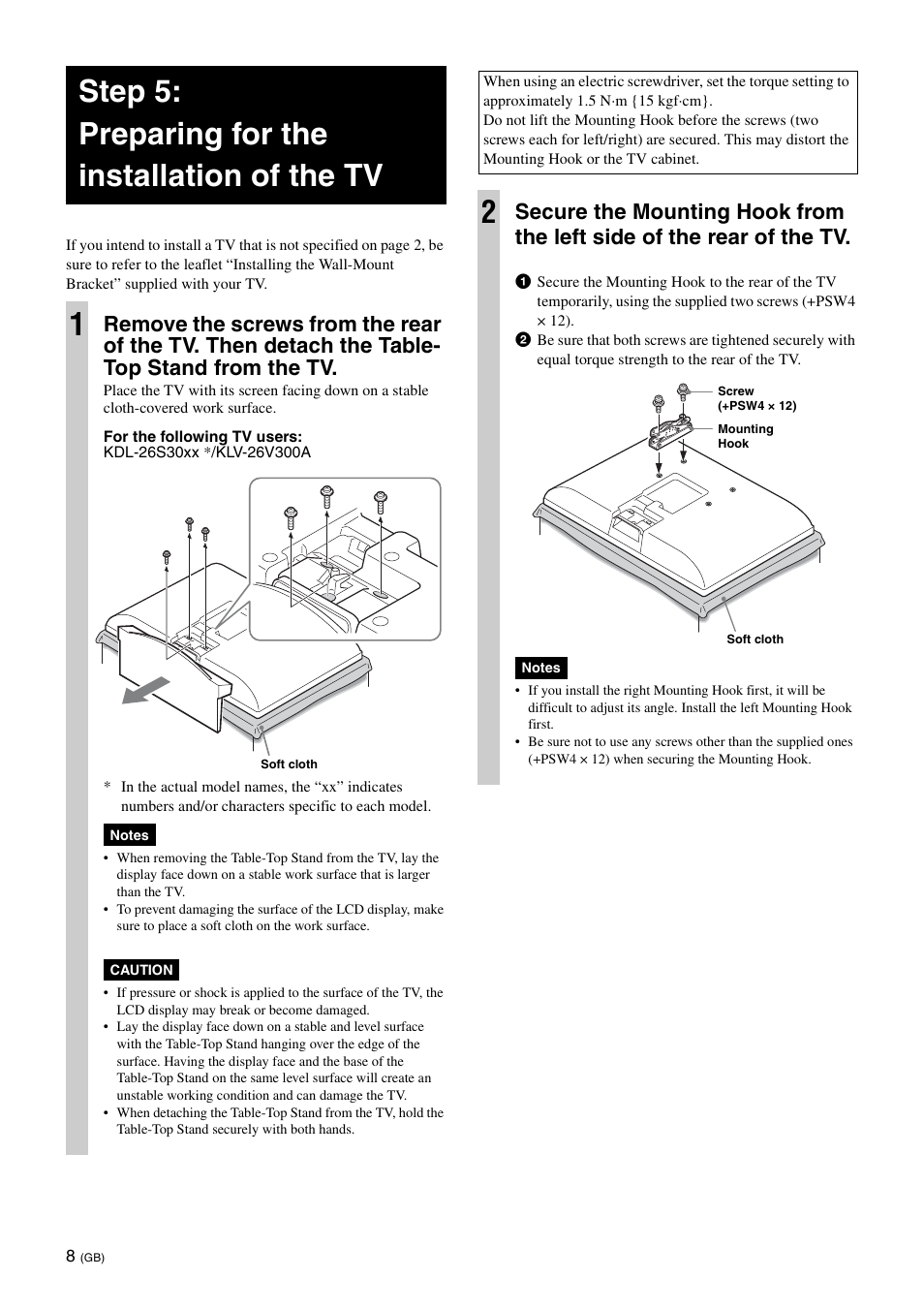 Step 5:preparing for the installation of the tv, Step 5: preparing for the installation of the tv 1 | Sony SU-WL100  EU User Manual | Page 8 / 112