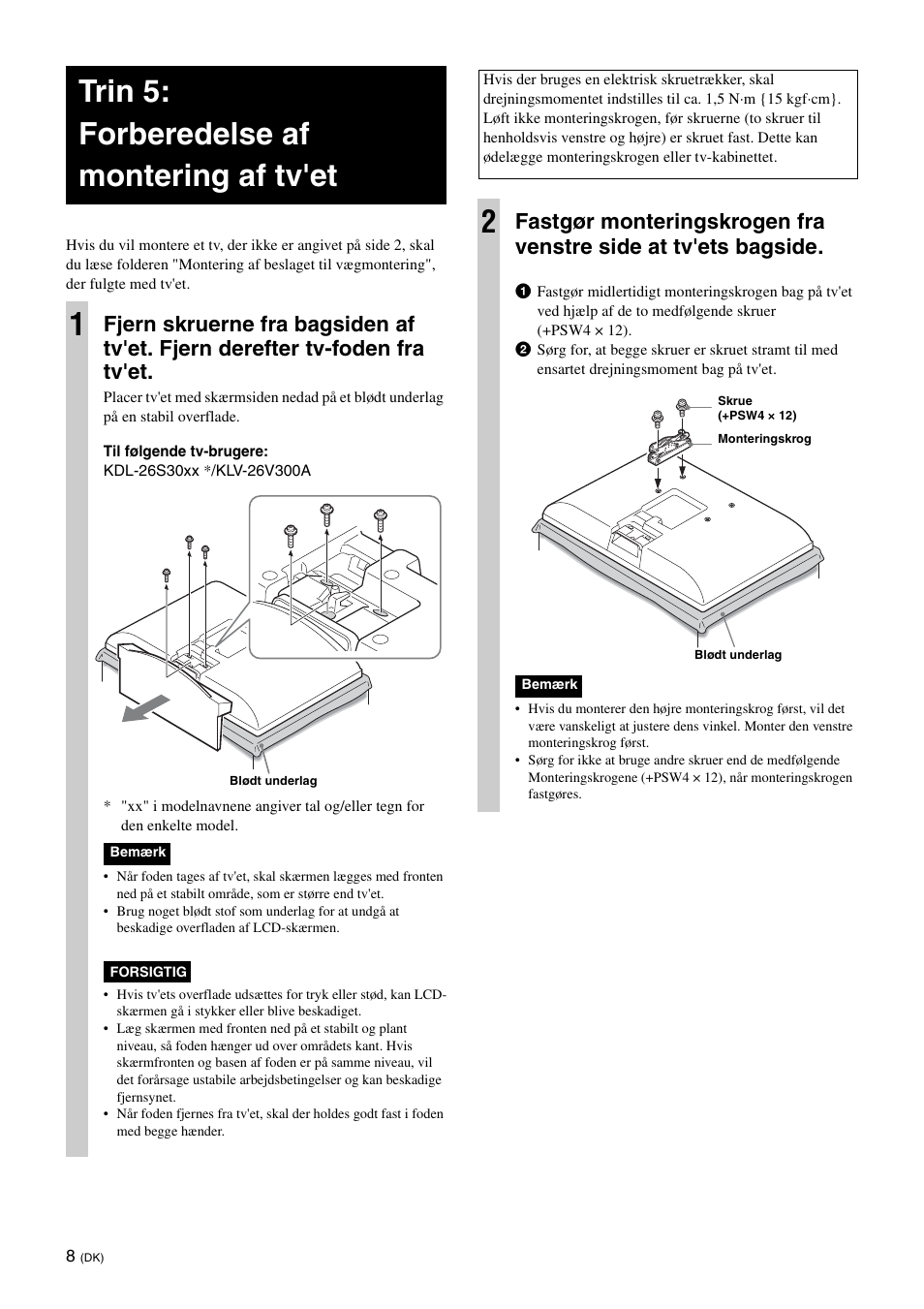Trin 5:forberedelse af montering af tv'et, Trin 5: forberedelse af montering af tv'et 1 | Sony SU-WL100  EU User Manual | Page 94 / 112