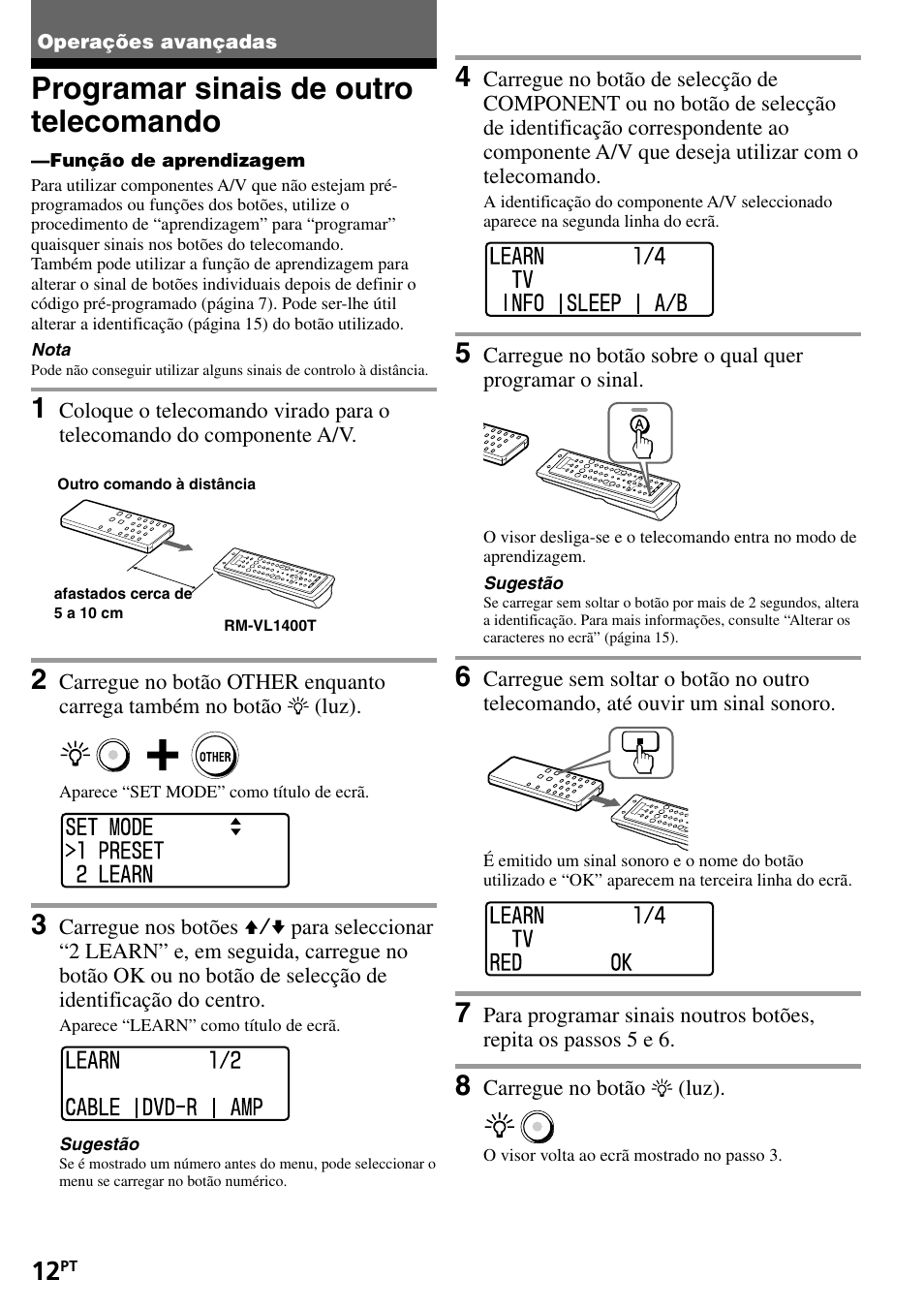 Operações avançadas, Programar sinais de outro telecomando | Sony RM-VL1400T User Manual | Page 100 / 180