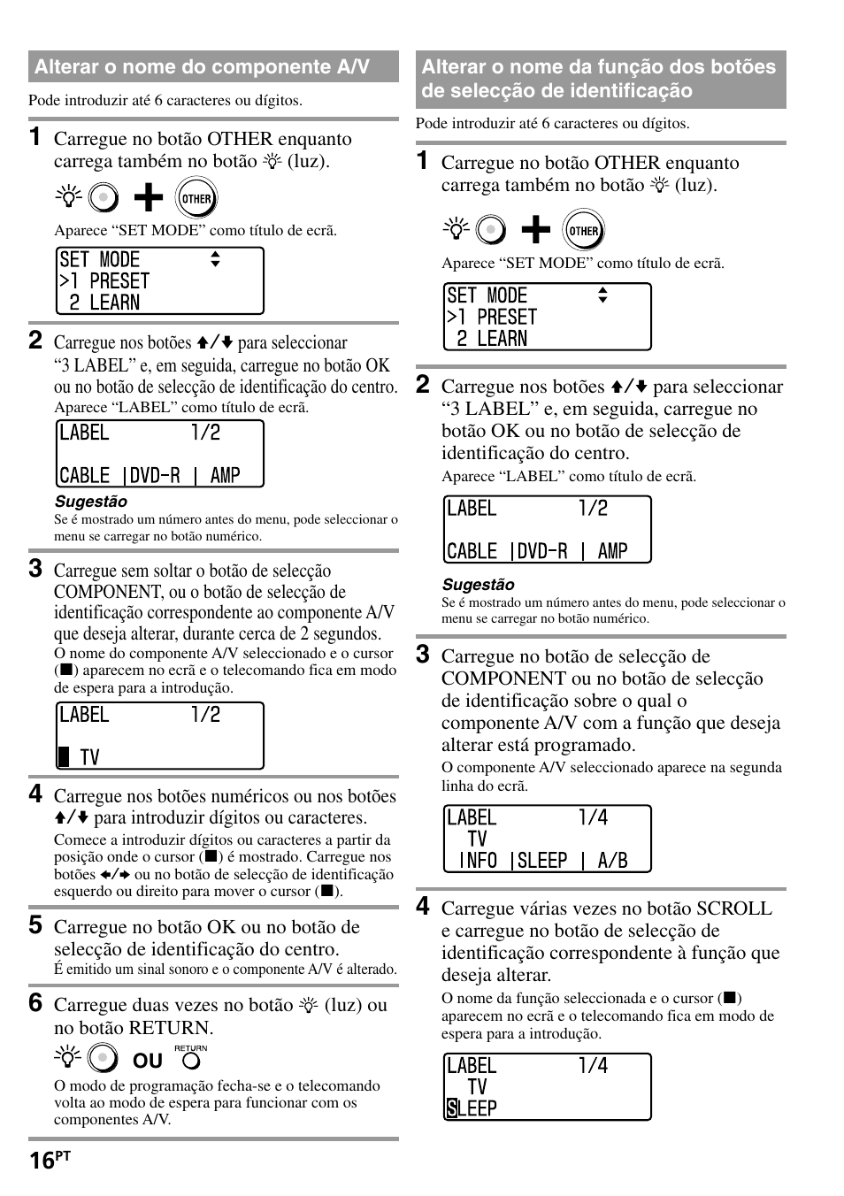 Alterar o nome do componente a/v, Alterar o nome da função dos botões de, Selecção de identificação | Sony RM-VL1400T User Manual | Page 104 / 180