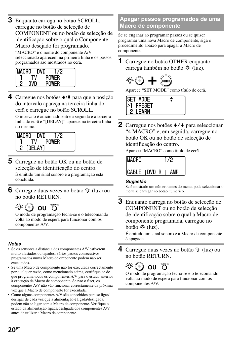Apagar passos programados de uma macro de, Componente | Sony RM-VL1400T User Manual | Page 108 / 180