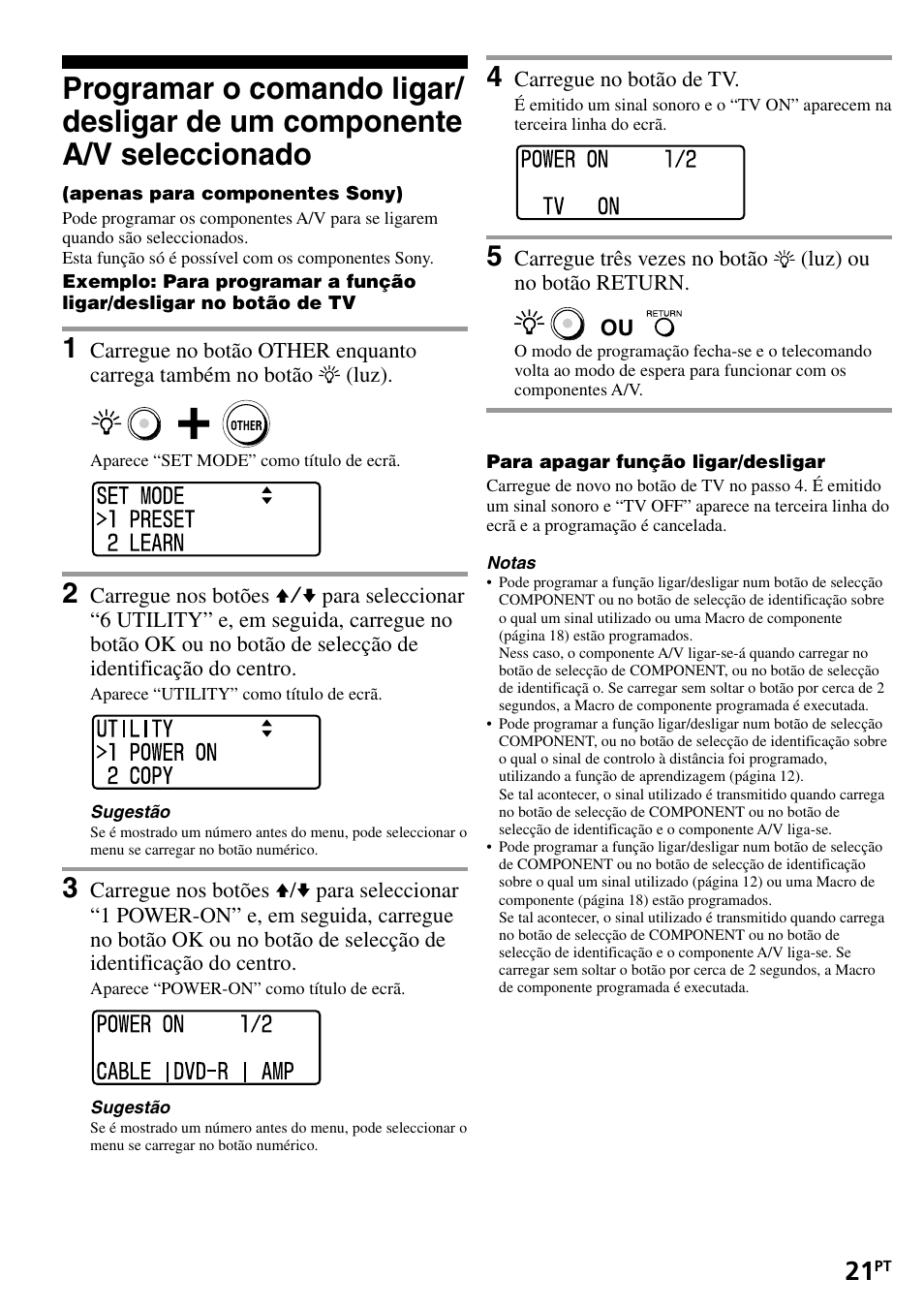 Programar o comando ligar/desligar de um, Componente a/v seleccionado | Sony RM-VL1400T User Manual | Page 109 / 180