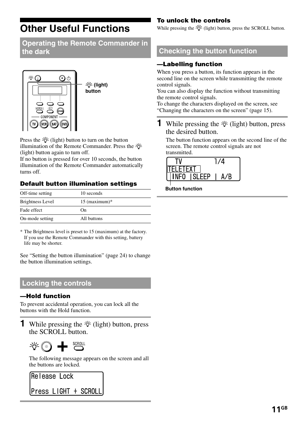 Other useful functions, Operating the remote commander in the dark, Locking the controls | Checking the button function, Operating the remote, Commander in the dark | Sony RM-VL1400T User Manual | Page 11 / 180