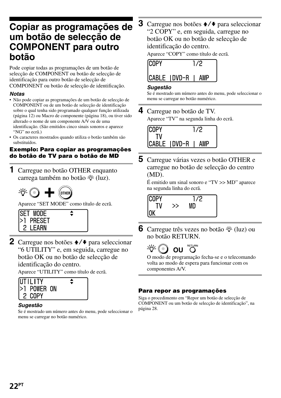 Copiar as programações de um botão de, Selecção de component para, Outro botão | Sony RM-VL1400T User Manual | Page 110 / 180