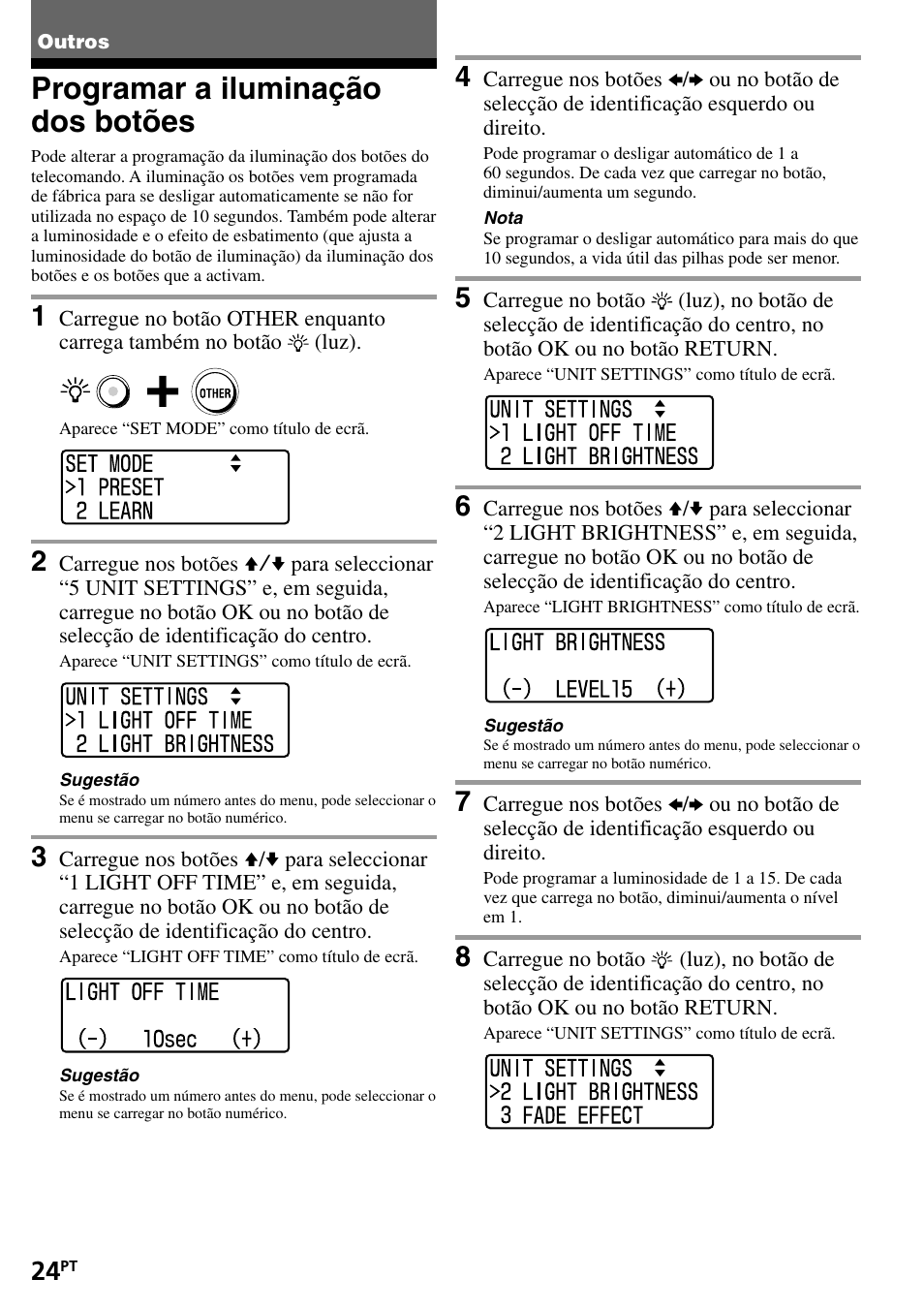 Outros, Programar a iluminação dos botões | Sony RM-VL1400T User Manual | Page 112 / 180